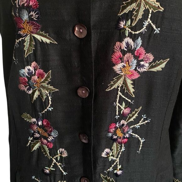 Vtg Embroidered Floral Jacket Blazer Silk Blend M Women’s Banded Collar Black - Picture 10 of 16